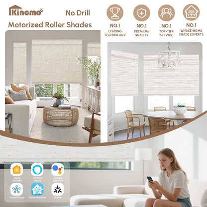 Kincmo No Drill & Drill Roller Shades, Motorized 100% Blackout - All Colors