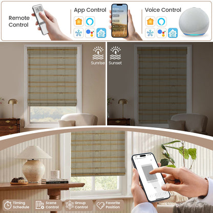 Kincmo Motorized Natural Woven Wood Shades 50%/70%/100% Blackout - Designer