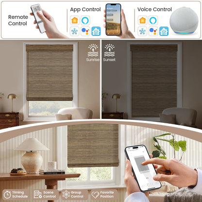 Kincmo Motorized Woven Wood Shades 50%/70%/100% Blackout - Natural Rustic